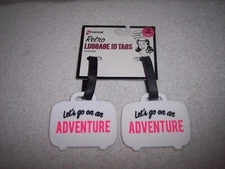 GFORCE 2 PC Retro Luggage ID TAGS White Suitcases "LET'S GO ADVENTURE"  PVC NEW