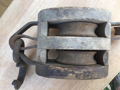 Block & Tackle Double Wood Barn Pulley 15" Vintage UW Upton Walton 5 1/2" Hook - Picture 7 of 9