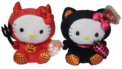 Ty Beanie Baby Set - HELLO KITTY (Black Cat Costume) & (Red Devil