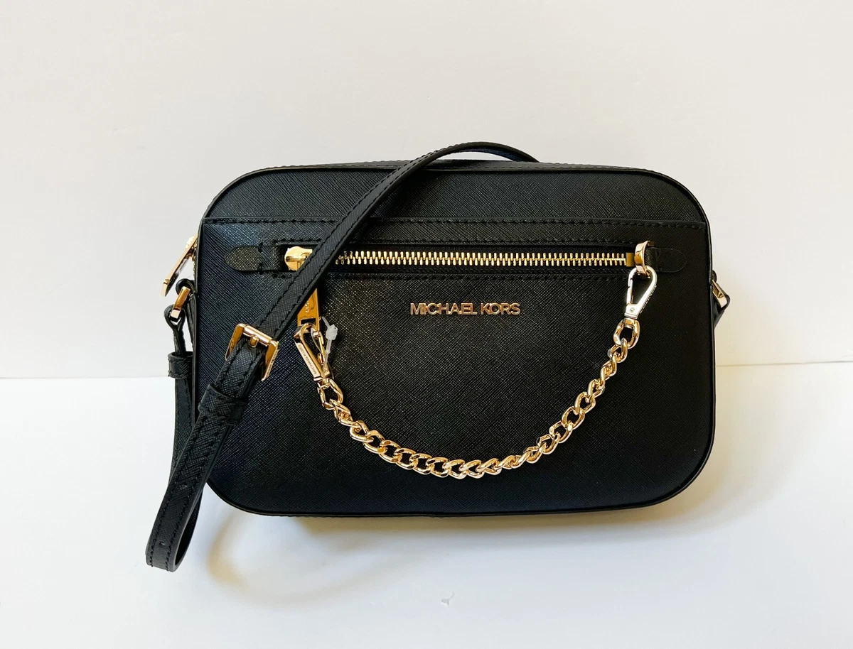 Michael Kors Jet Set Black Leather Small Shoulder Bag with Gold Chain Strap