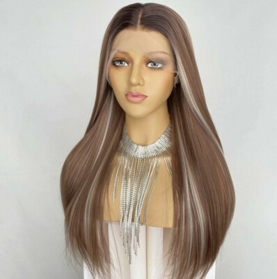 Brown Blonde Ombre Wig HD Front Lace Human Hair Blend Highlights  Wavy Curly