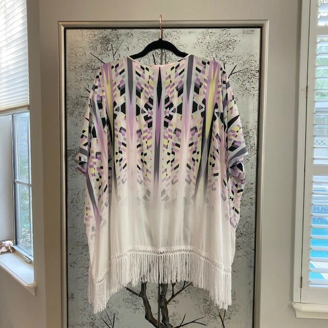 Victorias Secret Pequeño Geo Estampado Flecos Kimono Playa Natación Cubrir Bata Envoltura Foto 3 de 4