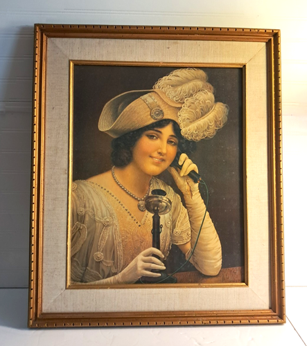Antique Victorian Woman Candlestick Phone Vintage Lithograph 16x20 Framed 22x26 - Picture 2 of 15