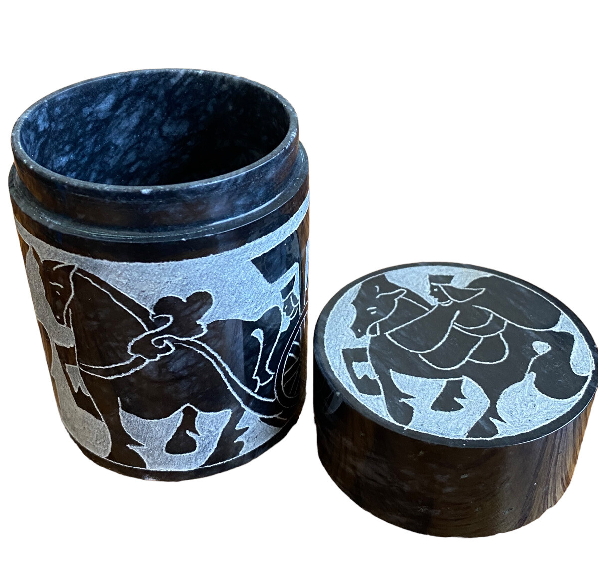 Vintage Collectible Black & White Marble Jar Etched Container w Lid 4 1/8