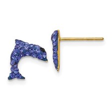 14k Yellow Gold Crystal Blue Dolphin Post Earrings