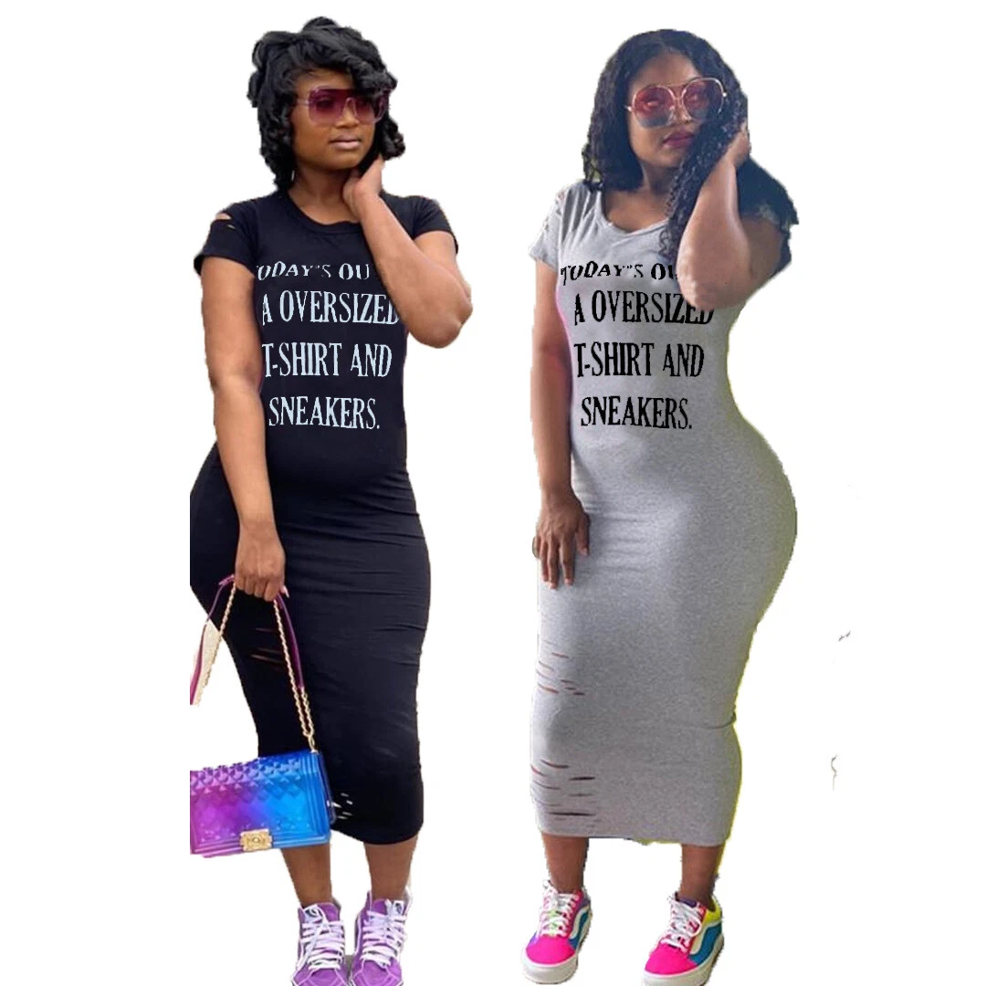 NEW Women Stylish Short Sleeves O Neck Ripped Letter Print Bodycon