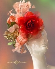 Kentucky Derby Fascinator Red Rose Peach Pink Hat Royal Ascot Green Gold Palm