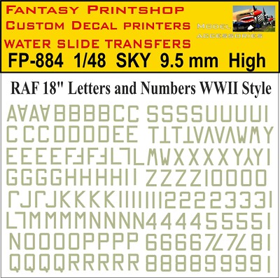 RAF 18'' BUCHSTABEN ZAHLEN WASSERSCHIEBE TRANSFER MODELLE KITS DECALS FP-884 SKY 1/48
