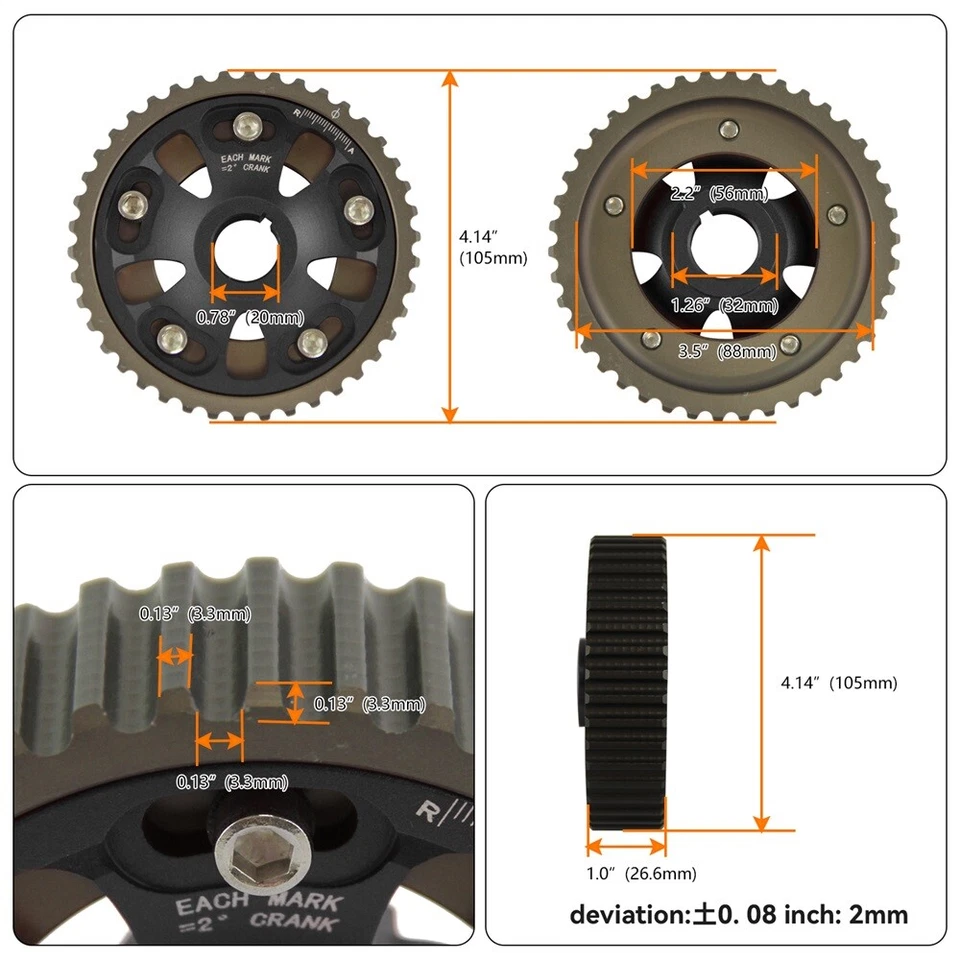 2 piezas engranajes de leva ajustables para 93-01 Honda Prelude H22 H22A1 H22A4 DOHC VTEC BK Foto 4 de 4