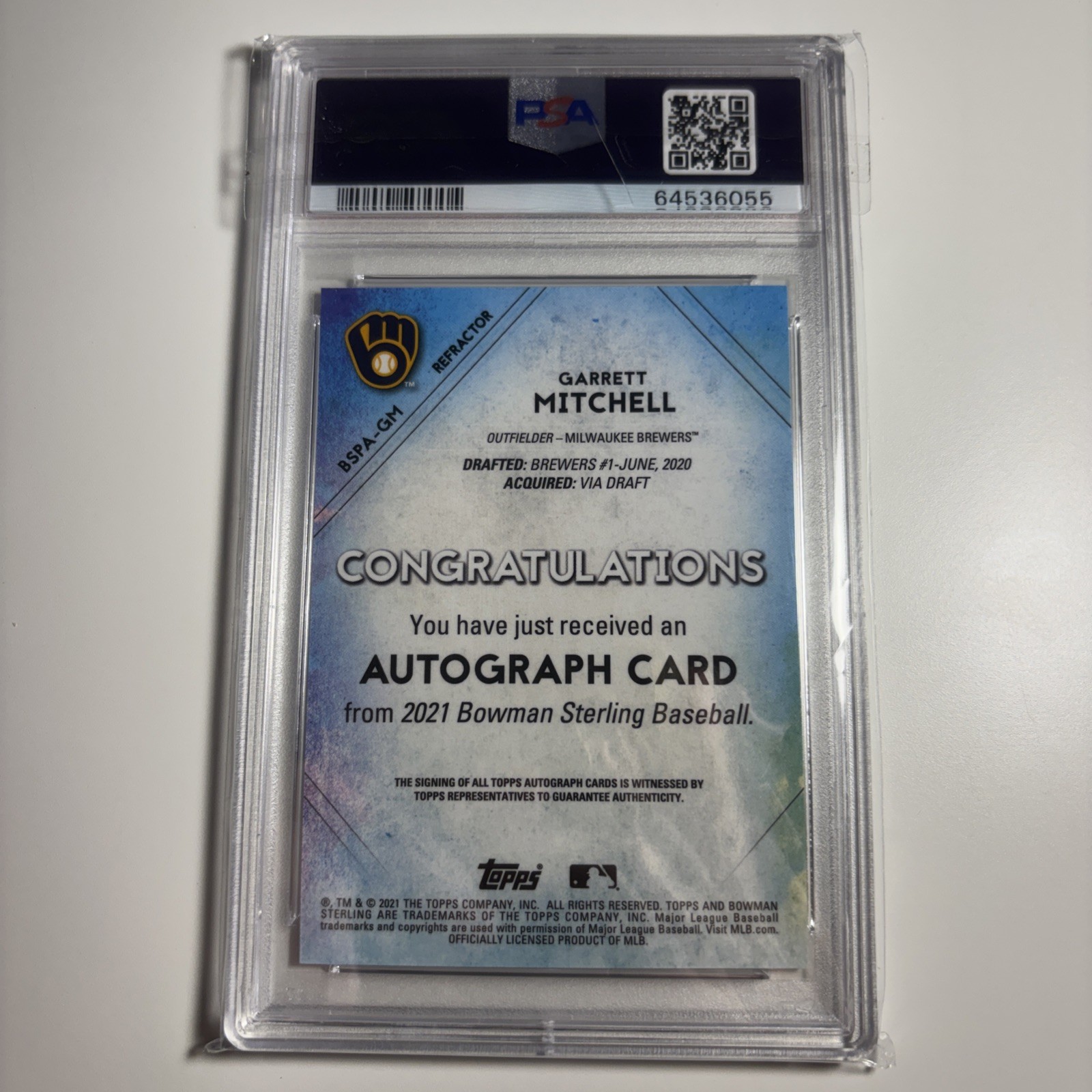 PSA 9 - 2021 Bowman Sterling-Garrett  Mitchell Refractor Auto /150  view 2
