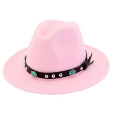 Light Pink Fedora Hat Felt Panama Jazz Cap Unisex Men Women Turquoise Strap