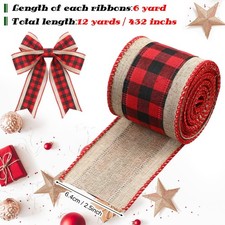 2 Rolls 12 Yards Christmas Buffalo Plaid Ribbons Burlap Wired Edge Plaid Ribb...