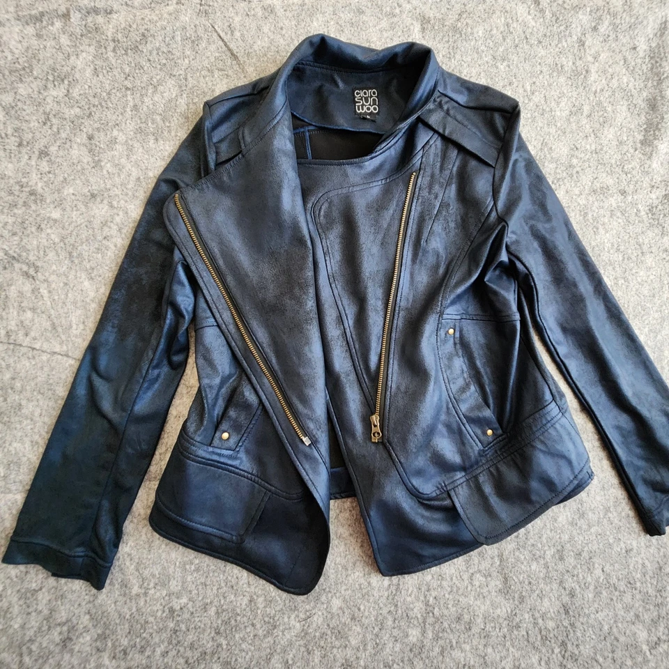 Chaqueta Clara Sun Woo Cuero Líquido Vegano Moto Cremallera Para Mujer L Azul Marino Dorado Gótico Foto 4 de 4