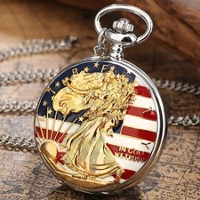 Silver USA Statue of Liberty Men Women Quartz Analog Pocket Watch Necklace Chain