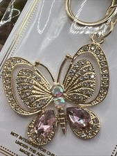 Crystal Butterfly Bag Charm Key Chain-Yellow Gold Tone-Pink