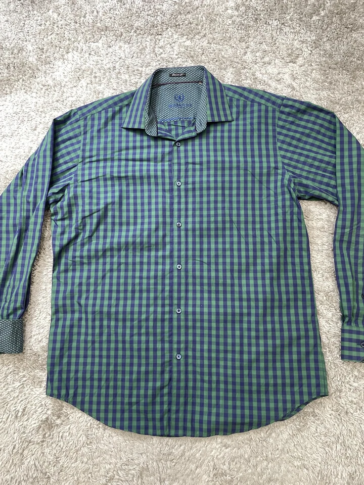 Camisa Bugatchi Para Hombre Grande Verde Azul Cuadros Puño Abatible Manga Larga Abotonada Foto 3 de 4