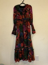 FARM RIO MAXI DRESS IN COLORFUL BIRD FLORAL PRINT LONG SLEEVE RUFFLED XS