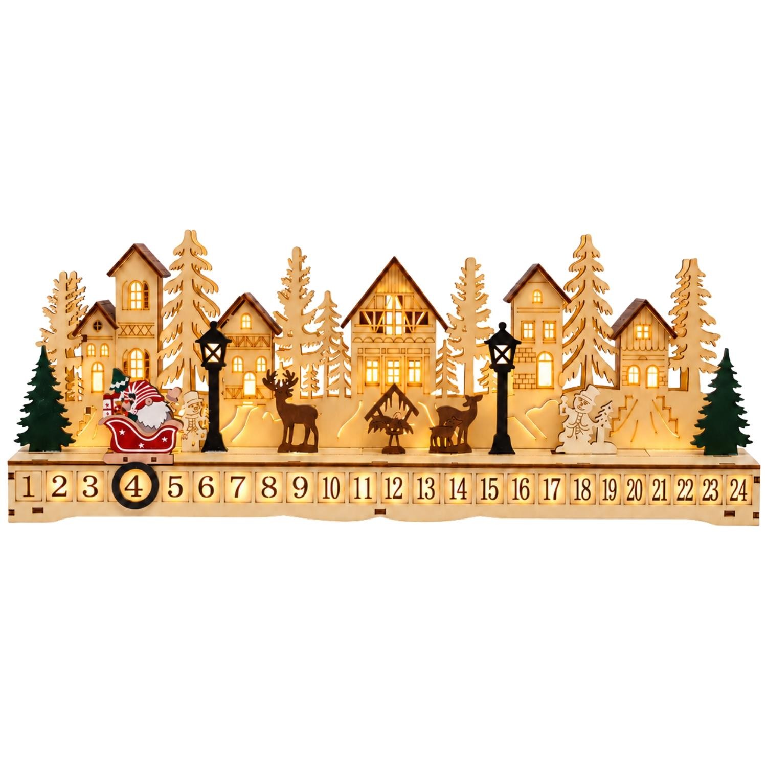 Wooden Village Advent Calendar Santa's Sleigh Reindeer Light Up LED 45cm