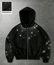New Men Women Diamond Rhinestones Fashion Black Zip Hoodie High Quality