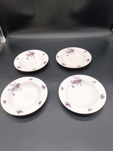 4 Vtg Eschenbach Bavaria Germany Violets P589 Rimmed Soup Bowls 7 3/4" W