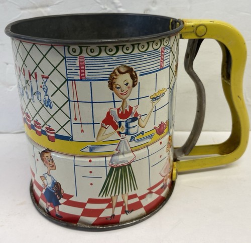 Vintage Androck HAND-I-SIFT 50's Handle 3 Screen Flour Sifter Kitchen Graphics