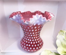 Fenton Cranberry Opalescent Hobnail Vase   Large Ruffled Crimped Edge   8 1/4  