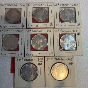 1941,55,59-1964 Canadian *80% Silver* Half Dollars (.50c lot of 8)
