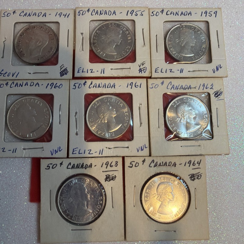 1941,55,59-1964 Canadian *80% Silver* Half Dollars (.50c lot of 8)