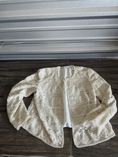 Vtg Scala Womens beaded Blazer Lace Jacket Shrug Sz M Cream Embellished Glam