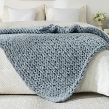 Chunky Knit Throw Blanket for Couch, 51"x63", 100 Hand Knitted Thick Cable K...