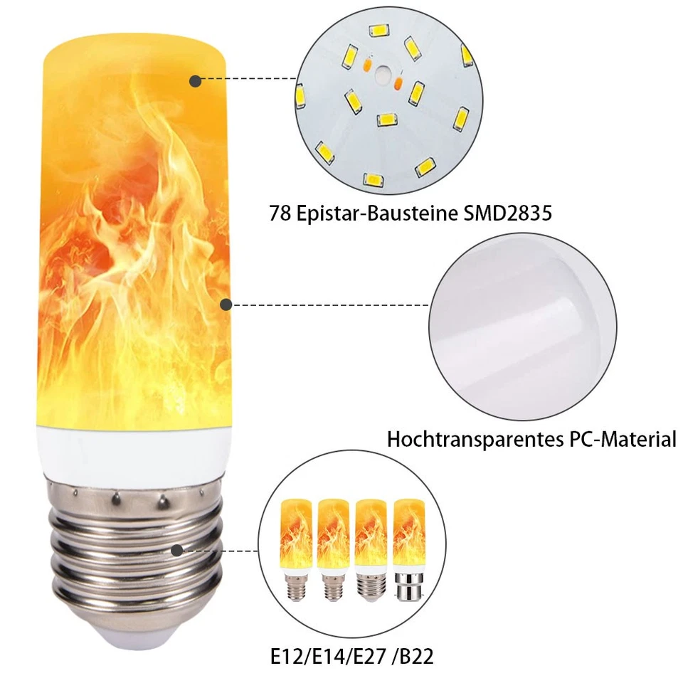 4X LED Licht Fackel Feuer Lampe E14 E27 Flammen Effekt Glühbirne Flacker Birne - Bild 4 von 4