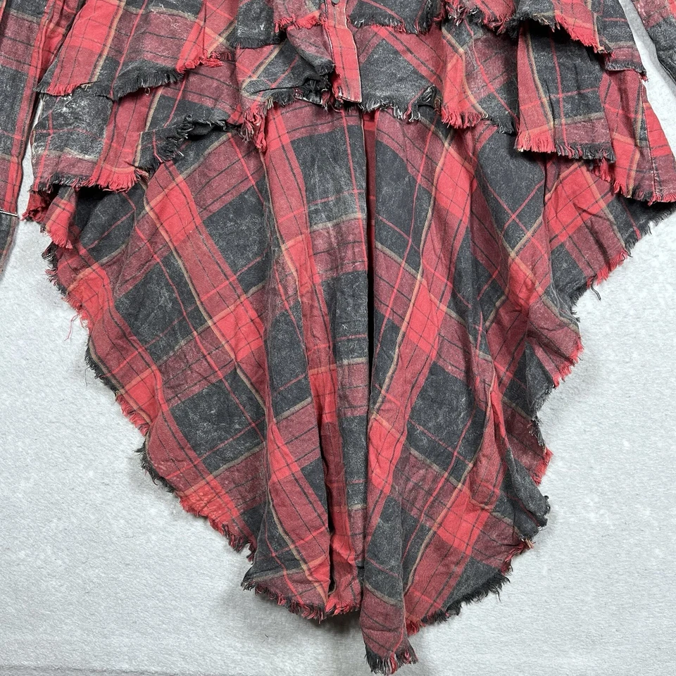 Zara Shirt Womens Medium Red & Black Plaid Button Up High Low Stud Accent Ruffle - Image 4 of 4