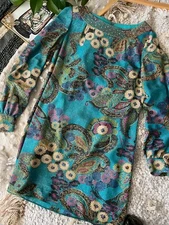 Vintage 1960s Blue Groovy Psychedelic Floral Long Sleeve Tunic Rhinestones