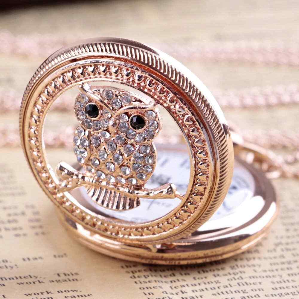 Owl Crystal NEW Pocket Watch Copper Tone Jewel Encrusted  display picture 3