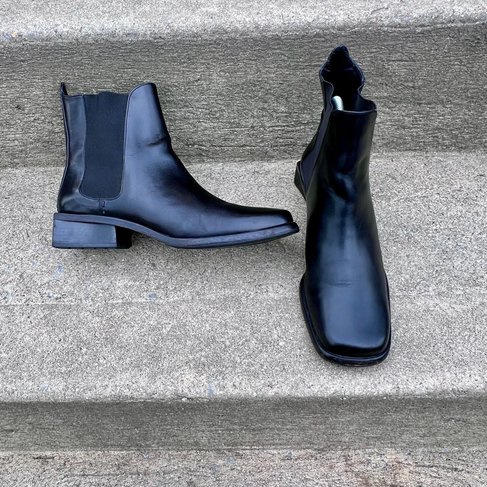 Cole Haan размер 7 черный квадратный носок блок каблук ведьма винтажный 90-х кожаный ботинок читать - Изображение 2 из 4