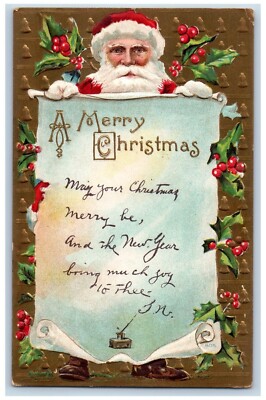 Christmas Postcard Santa Claus Holly Berries Embossed c1910's Unposted Antique