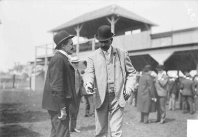 Two Horsemen Talking In The Paddock At Harlem Race Track Located  - Old Photo