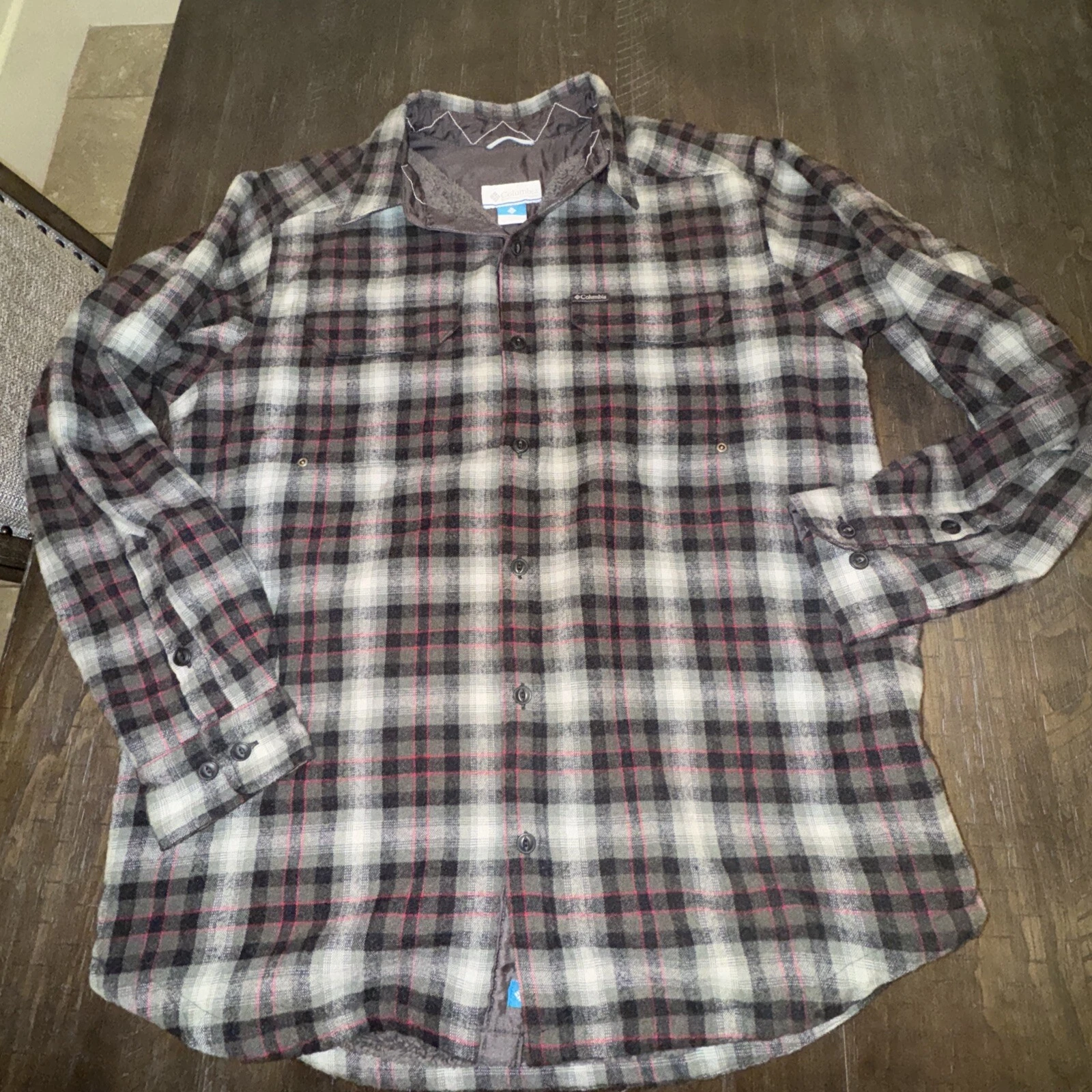 Columbia Shacket Mens Large Gray Plaid Shirt Button Pockets Fleece Lined