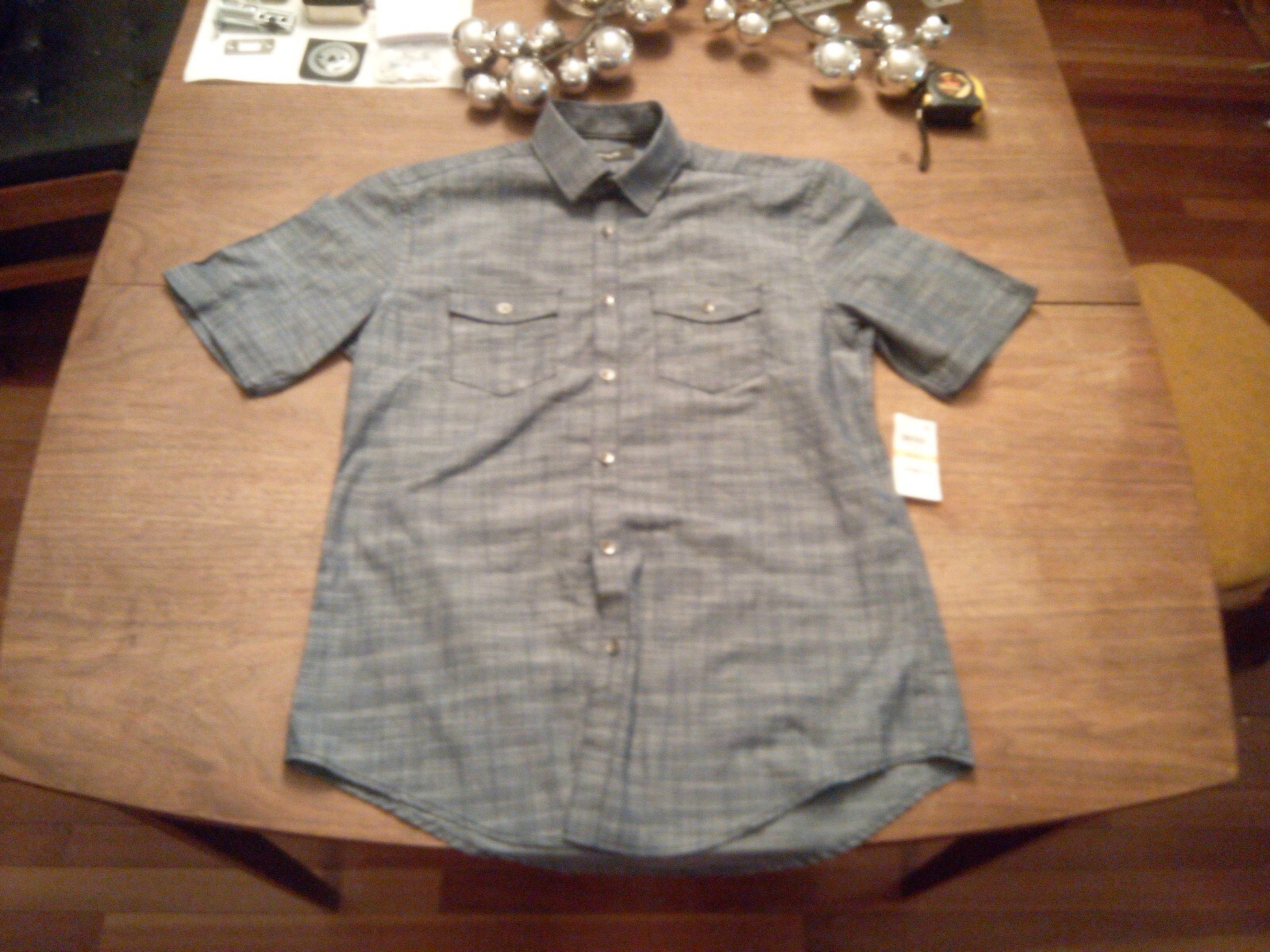 Alfani Mens Warren Textured Short Sleeve Button Down Shirt Blue S