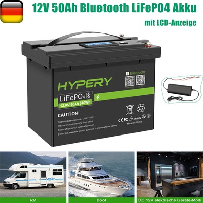 50Ah 12V LiFePO4 Bluetooth Lithium Batterie BMS Akku Wohnmobil Boot /Ladegerät