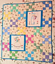 Vintage Hand Quilted Embroidered Baby Quilt 28" x 32" Hand Embroidered Cotton