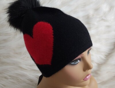 Hannah Rose Heart 100% Cashmere Beanie, Pompom, Black, Gray 