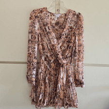 BCBGeneration, floral coral faux wrap layered mini dress, long sleeve with butto