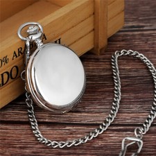 Mens Silver Smooth Quartz Pocket Watch Full Hunter Pendant Chain Christmas Gifts