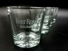 GENUINE FOUR ROSES BOURBON SET OF 4 "DEEP ROSE" RELIEF LOGO ROCKS GLASSES (8oz)
