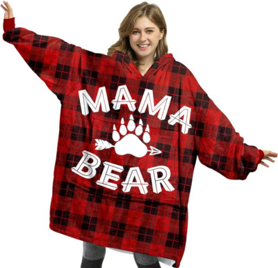 Mama Bear Wearable Blanket Hoodie, Buffalo Plaid Mama Bear Hooded Blanket for Mo