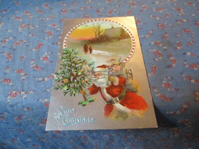 Old Postcard A Merry Christmas Santa Claus Carrying Bag Toys Decorated Tree