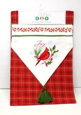 Embroidered Holiday Table Runner Red Cardinal Christmas Plaid Green Tassel 72"