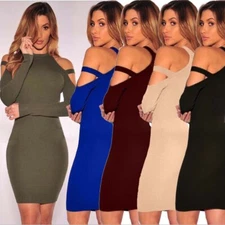 Women's Girls Sexy Cold Shoulder Long Sleeve Sheath Clubwear BodyCon Party Dress