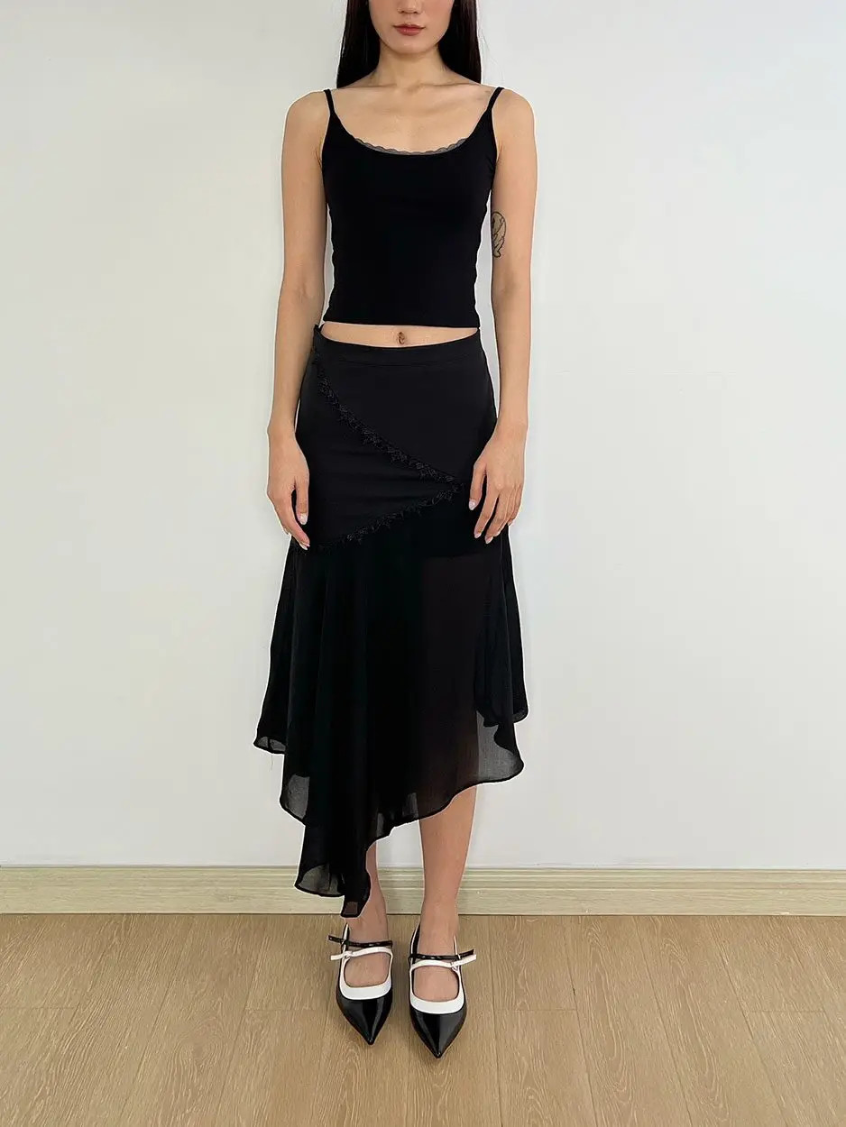 Women Black Asynnetrical Lace Patchwork Midi Skirt